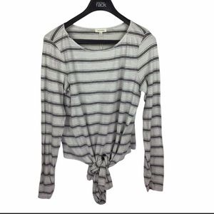 Max Studio Striped Tie Front Waist Top size Gray & Black Long Sleeve Cotton M